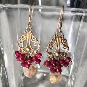 Genuine Natural Ruby & Golden Rutilated Quartz Gold Filled Chandelier Earrings